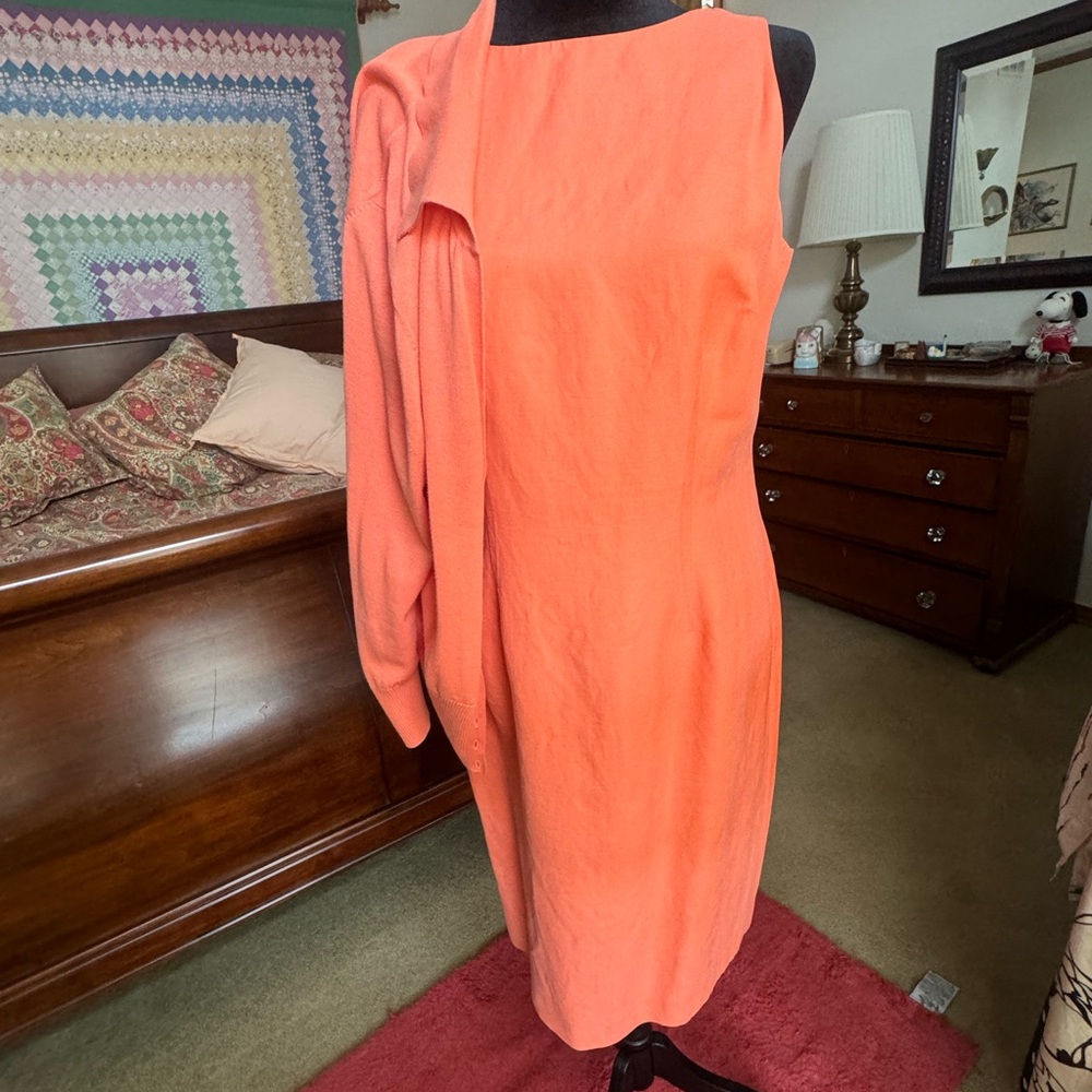 BARRY BRICKEN  apricot silk linen  sheath dress with matching cotton sweater